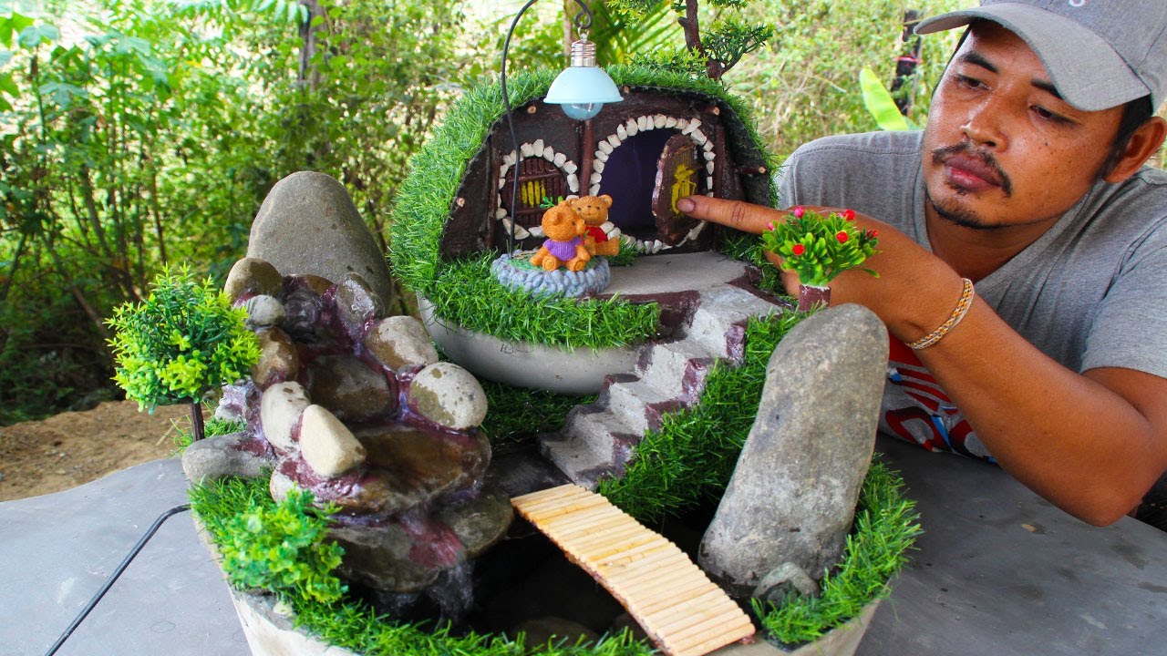 How to Build Underground house Beautiful Mini Underground house with Mini Waterfall From Cement