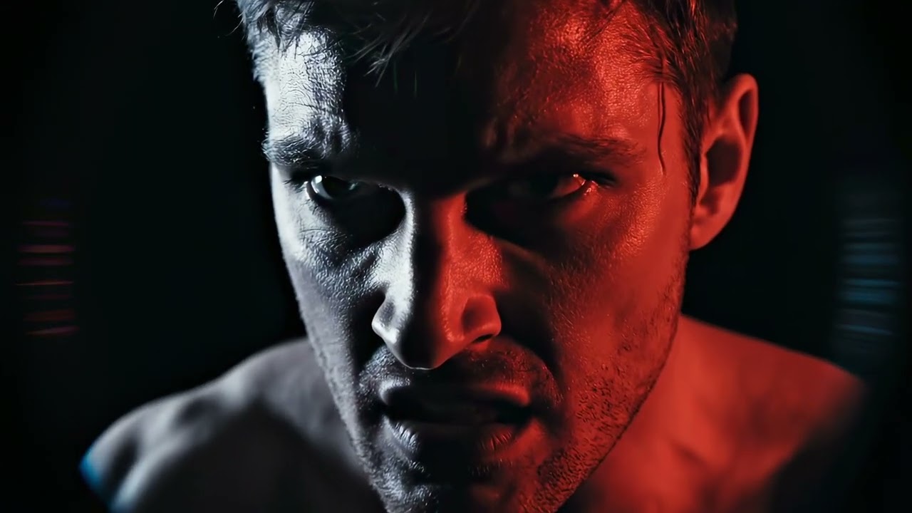 Intense close-up of a man with fierce expression, dramatic lighting and emotional tension