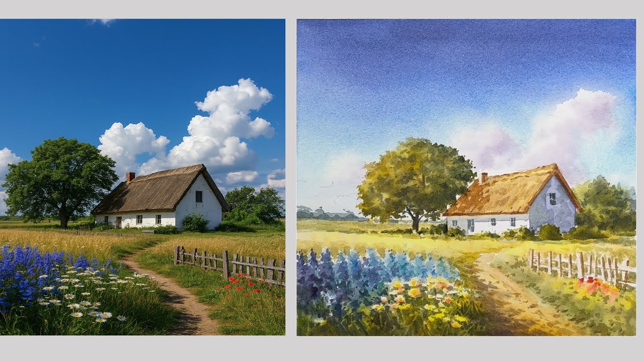 Watercolor Landscape painting – Peaceful Countryside Cottage