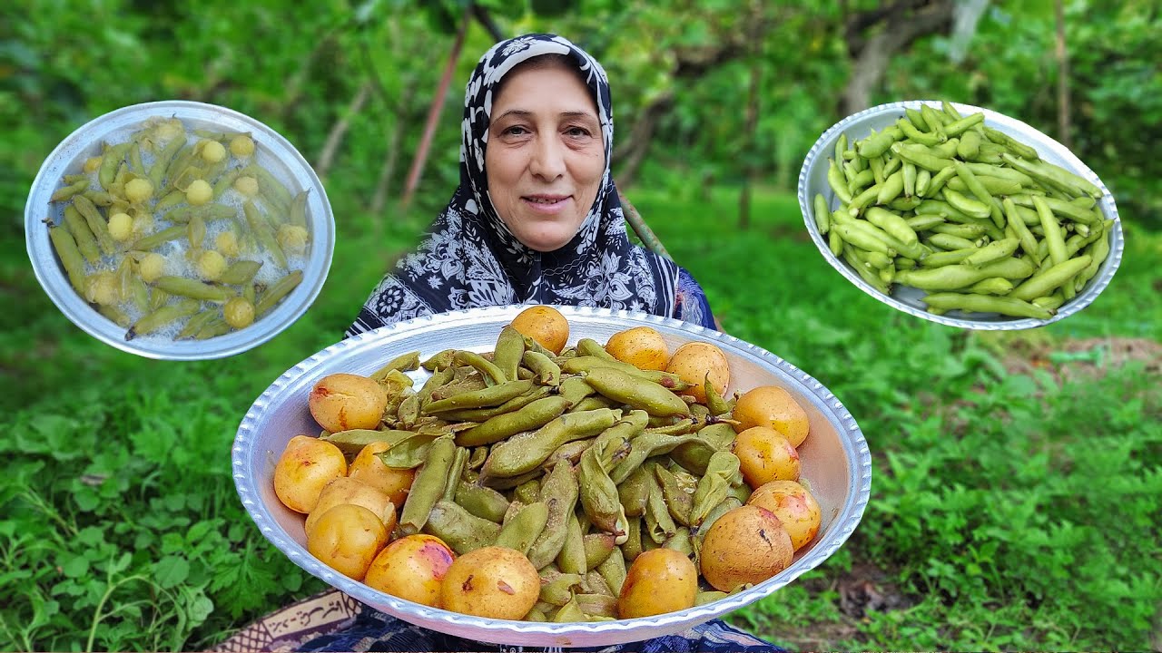 we Cooking Broad bean & potato in Nature - Outdoor cooking