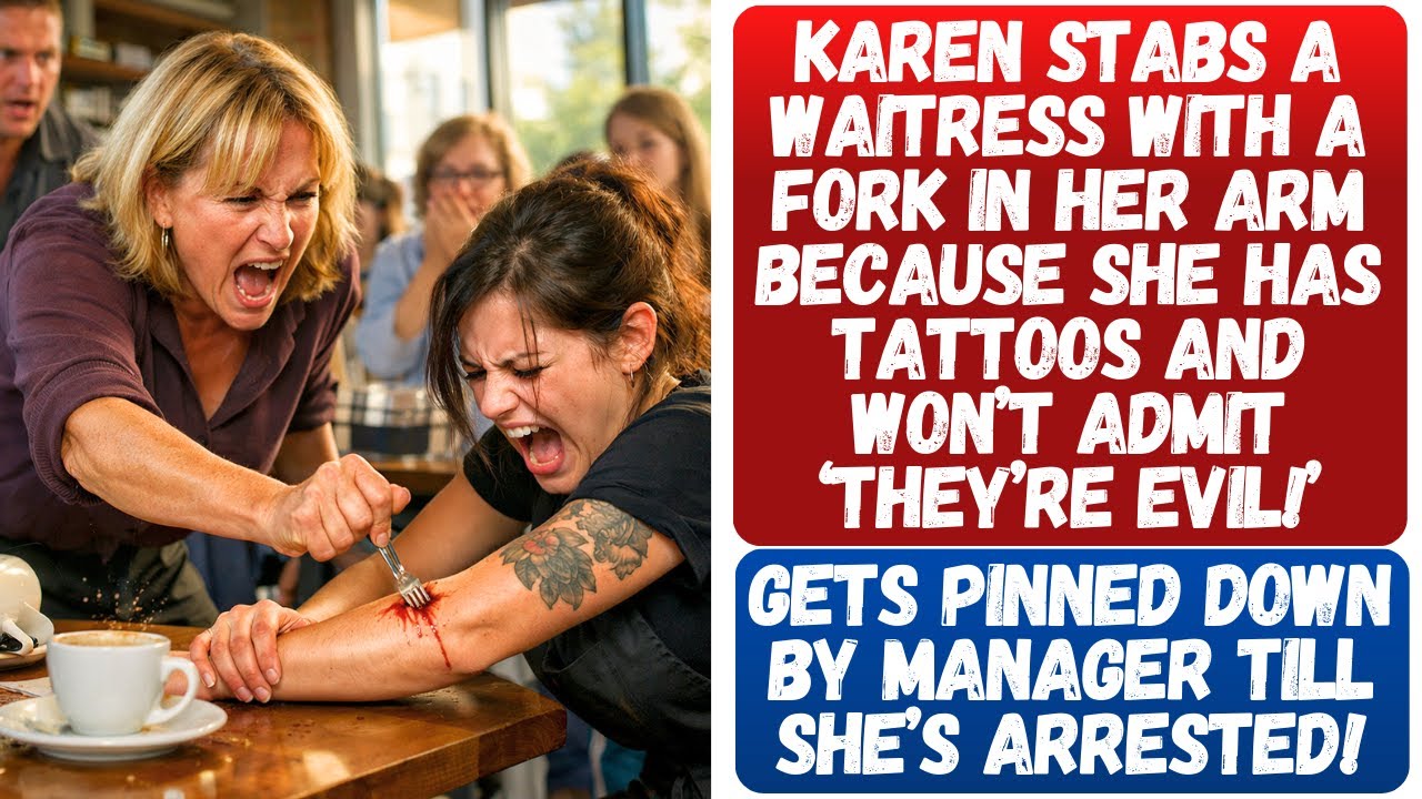KAREN STABS A WAITRESS WITH A FORK IN HER ARM BECAUSE SHE HAS TATTOOS AND WON’T ADMIT THEY’RE EVIL!