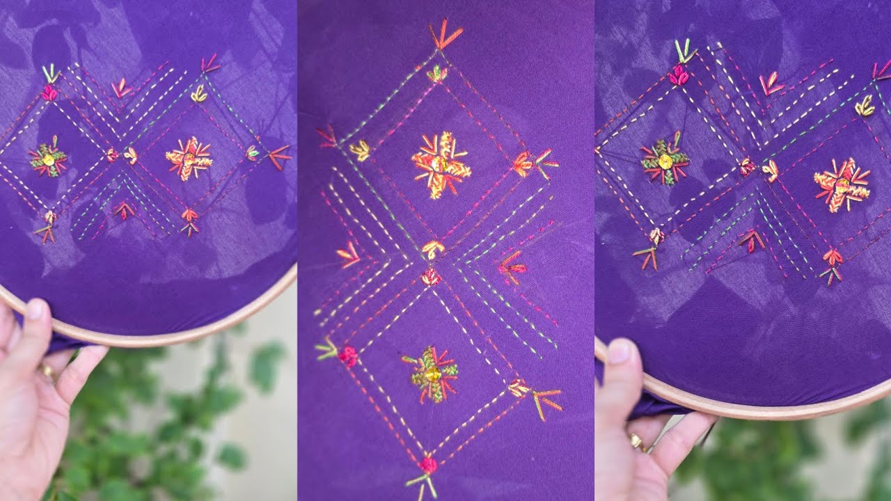 Handmade Purple Kacha Tanka Simple Embroidery Design Bedsheets Banch Design