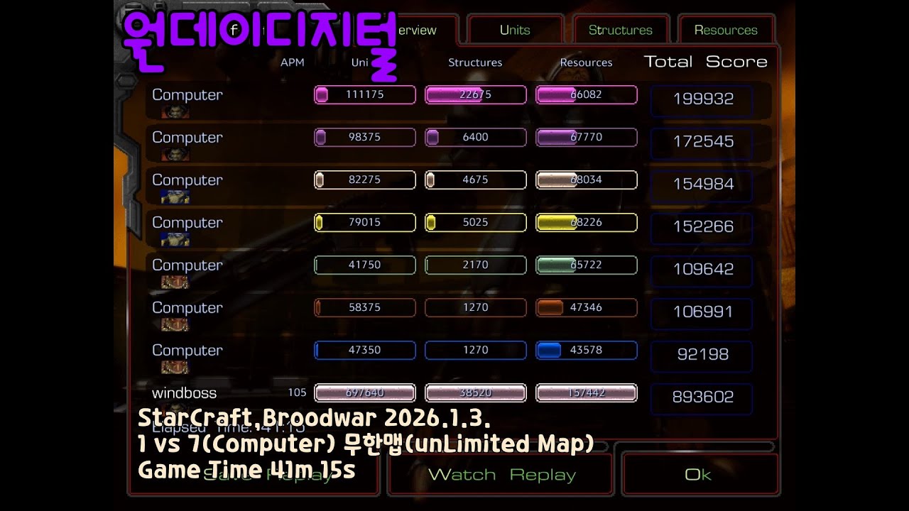 스타크래프트(StarCraft,Broodwar).20260103.무한맵(Unlimited Map) 1vs7(Computer) Game
