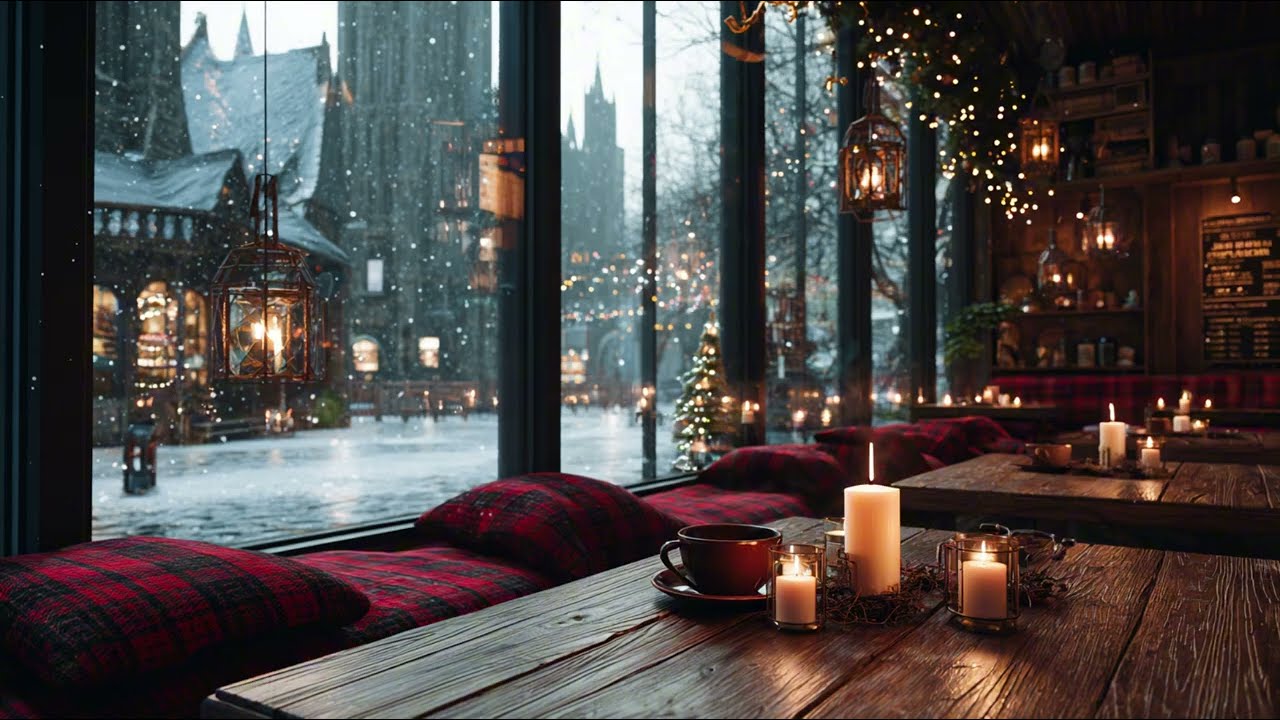 Cozy Christmas Café Ambience ❄️ Warm Lights, Snowy Street & Relaxing Winter Atmosphere