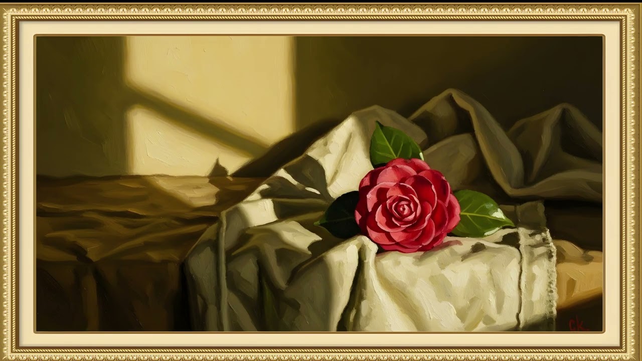 Cozy European Winter Still Life | Camellia on Folded Linen | Painterly Oil TV Art