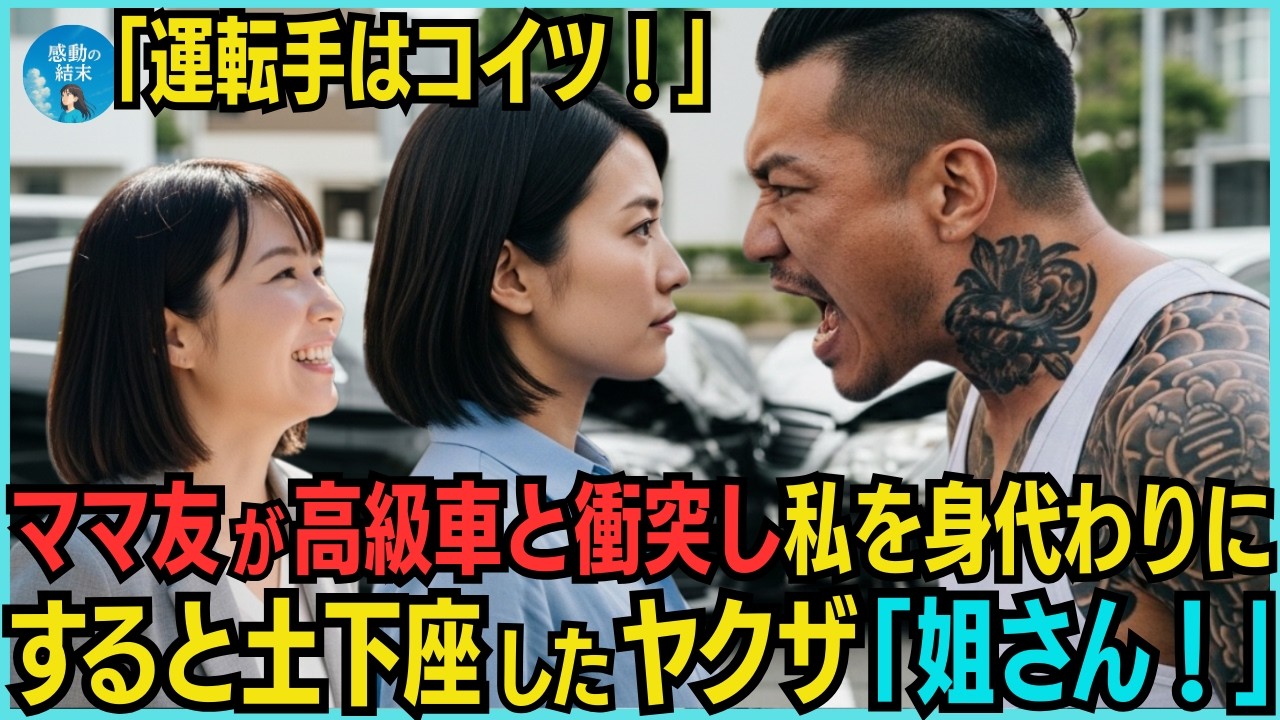 悪自慢がウザいママ友がヤクザの高級車と衝突し「運転手はコイツです！」身代わりにされた私。すると私の顔を見て土下座したヤクザ「姐さん！」ママ友「え？」