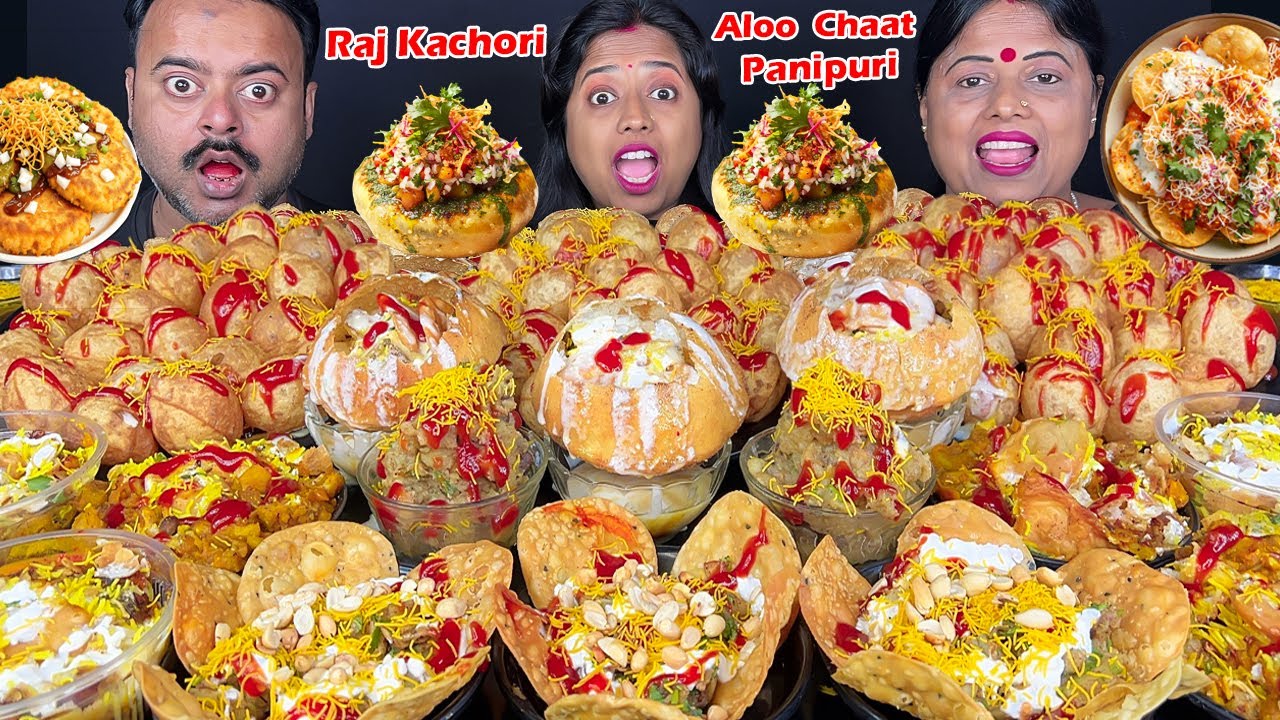SPICY PANIPURI, SAMOSA ALOO CHAAT, RAJ KACHORI, PAPDI CHAAT EATING CHALLENGE VIRAL VIDEO MUKBANG