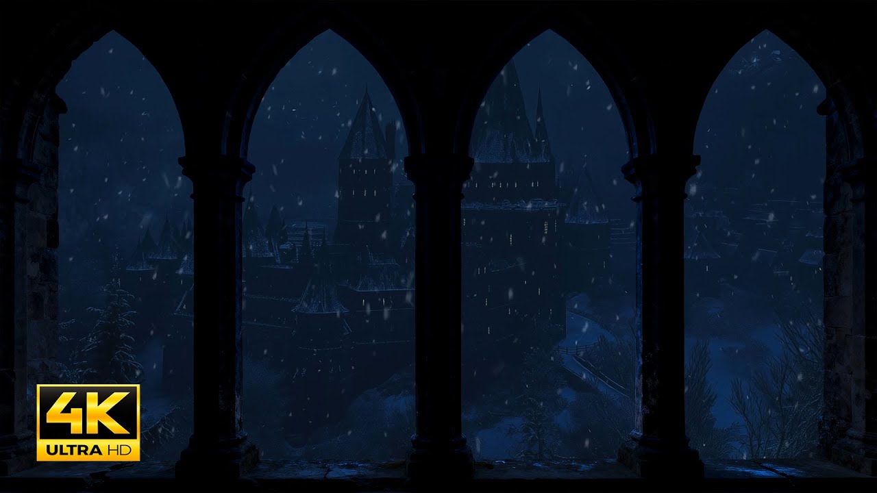 Harry Potter Winter Window View 4K ❄️ Hogwarts Snow Ambience & Blizzard Sounds for Study & Sleep