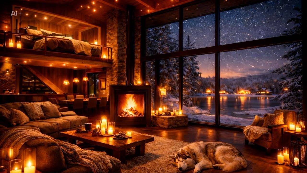 Cozy Winter Cabin | Smooth Jazz & Fireplace | 6 Hours | Sleep, Relax, Study | 4K
