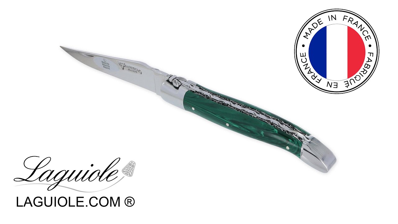 Couteau Laguiole en Aubrac Manche en Pierre Malachite 2 Mitres Inox Brillant Double Platines