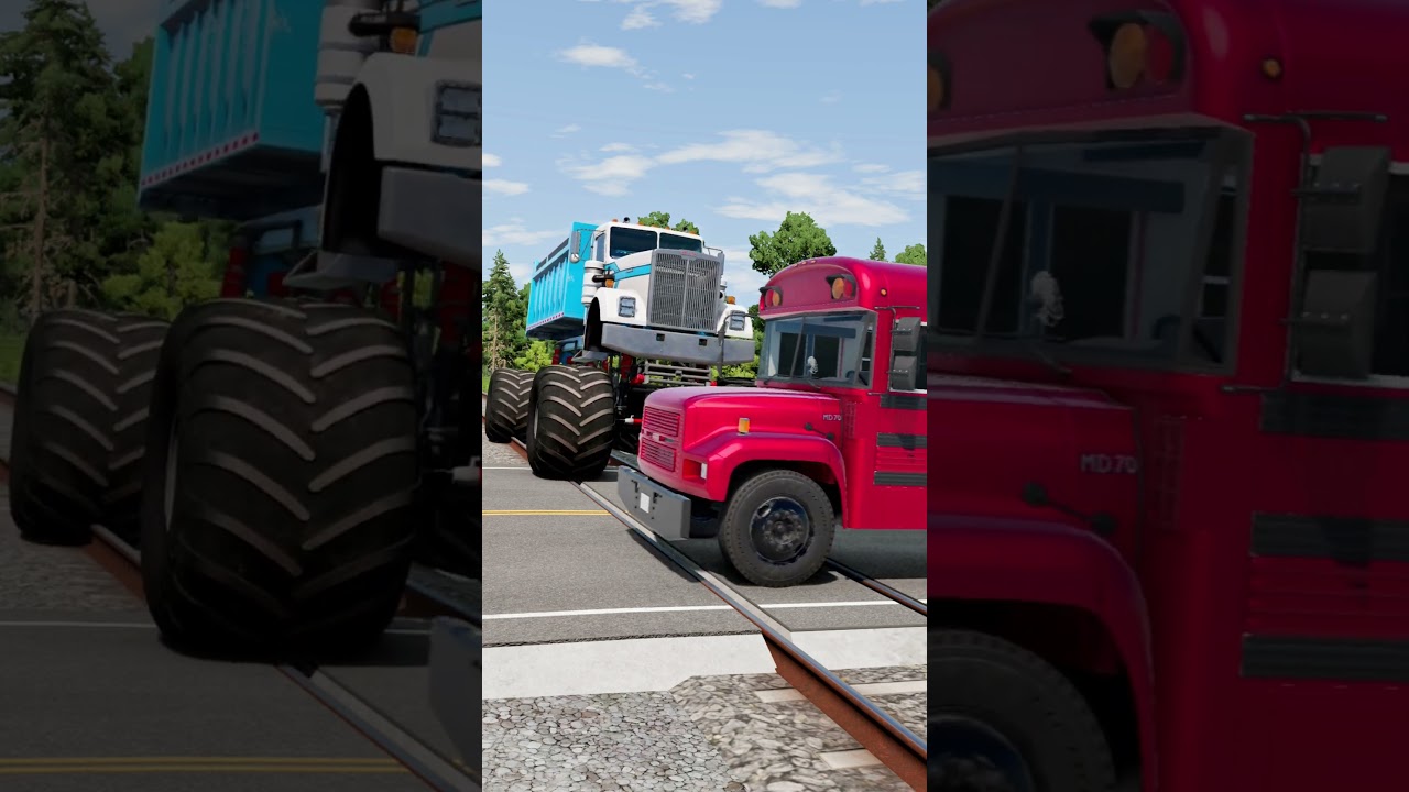 cars bus and monster truck vs train stairs #short #beamng #beamngdrive #trucksvs