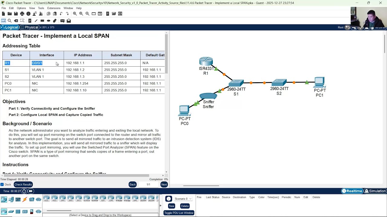 11.4.6 Packet Tracer - Реализация локального SPAN