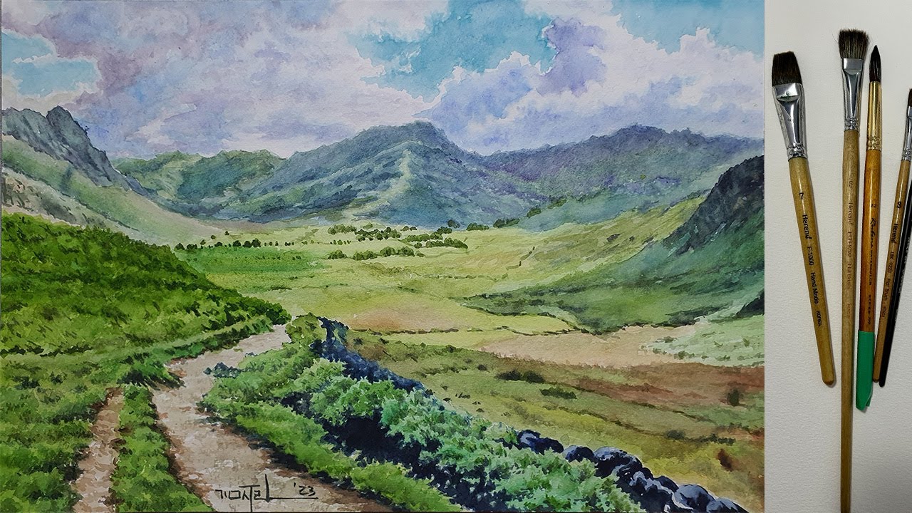 Watercolor Mountain Landscape Painting