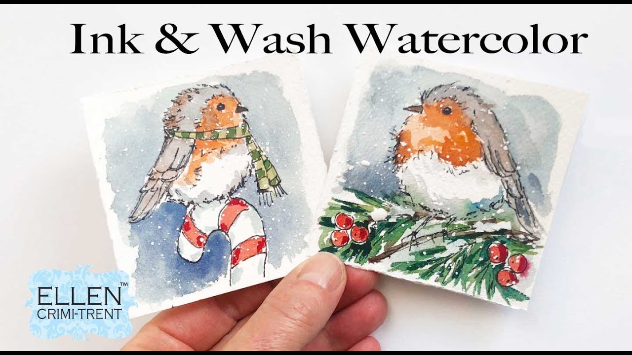 Ink & Wash Watercolor Christmas Card Ideas- Winter Robin tutorial
