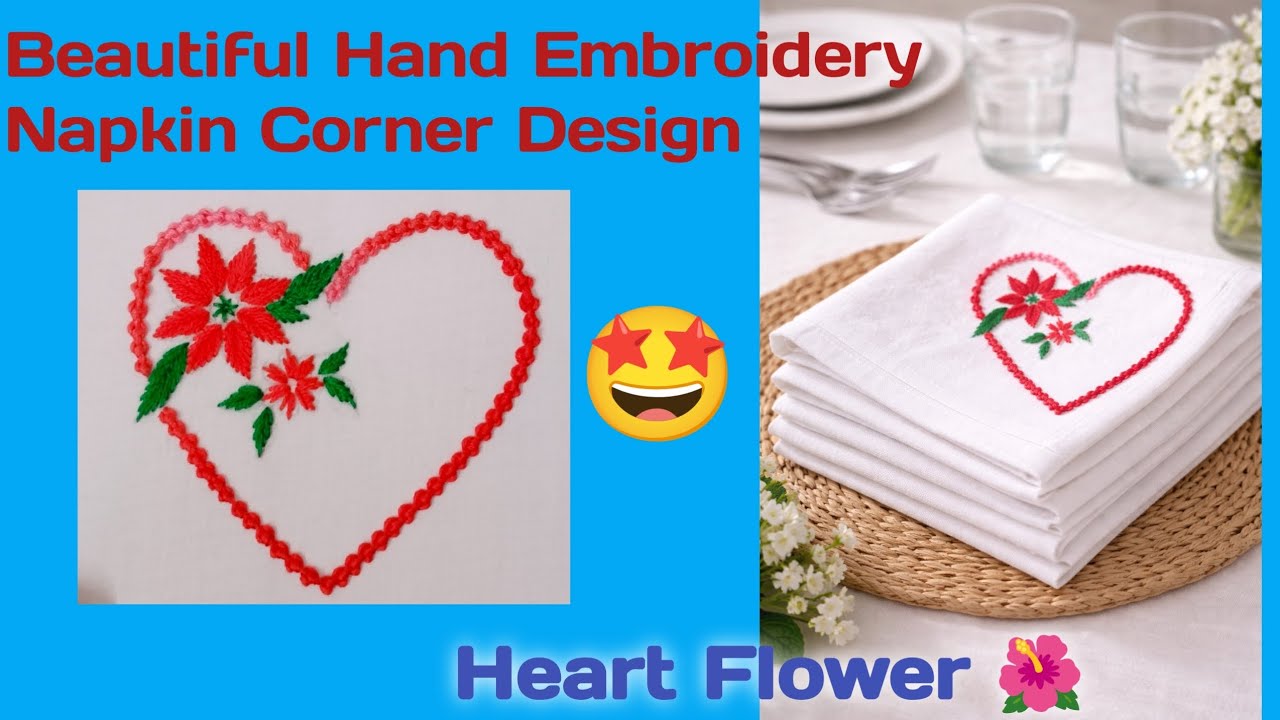 Beautiful Hand Embroidery Napkin Corner Design | Easy & Elegant Table Decor | Heart Flower Design 🌺 