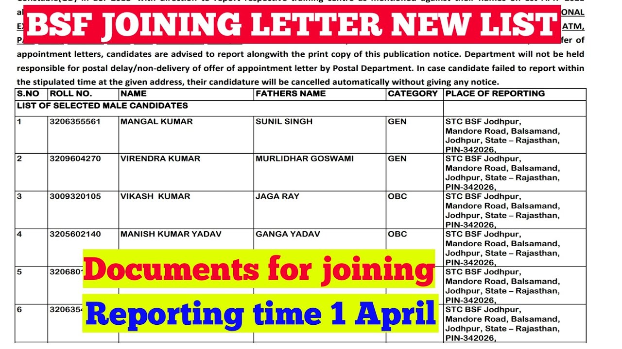 BSF JOINING LETTER UPDATE REPORTING TIME 1 APRIL