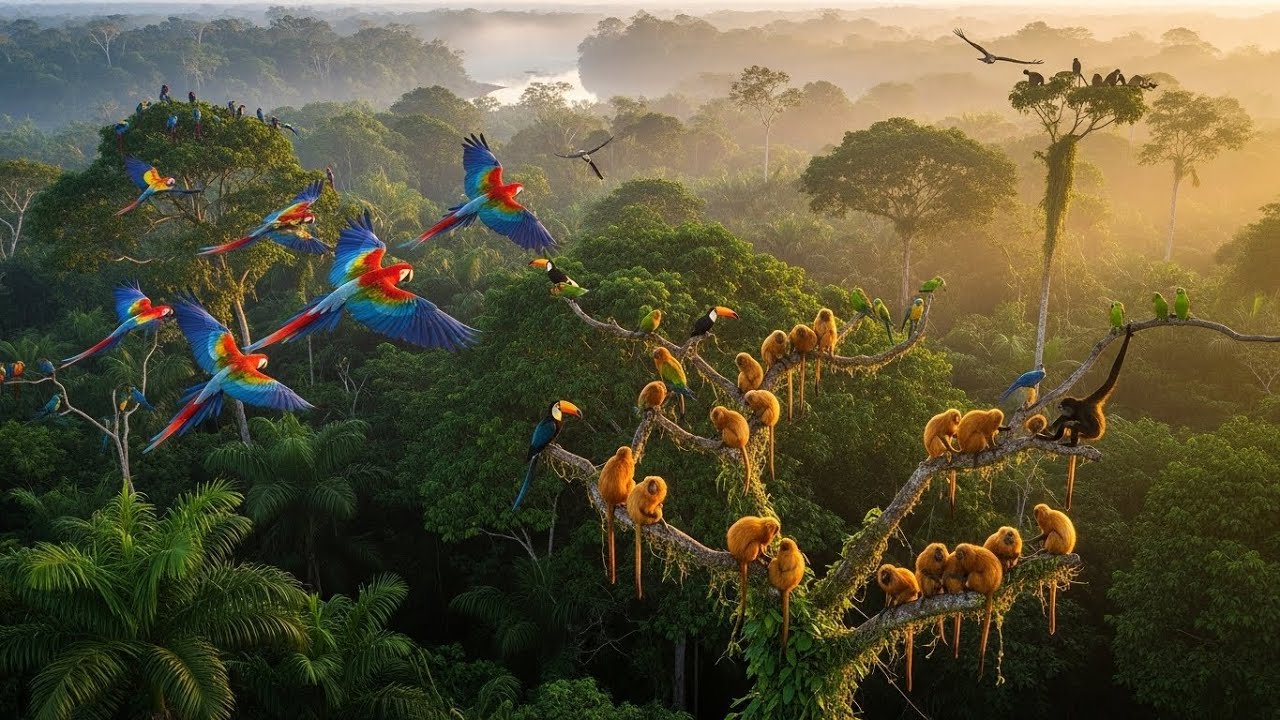 Wild Amazon at Dawn 4K | Scarlet Macaws, Golden Tamarins & Exotic Wildlife | Nature Documentary