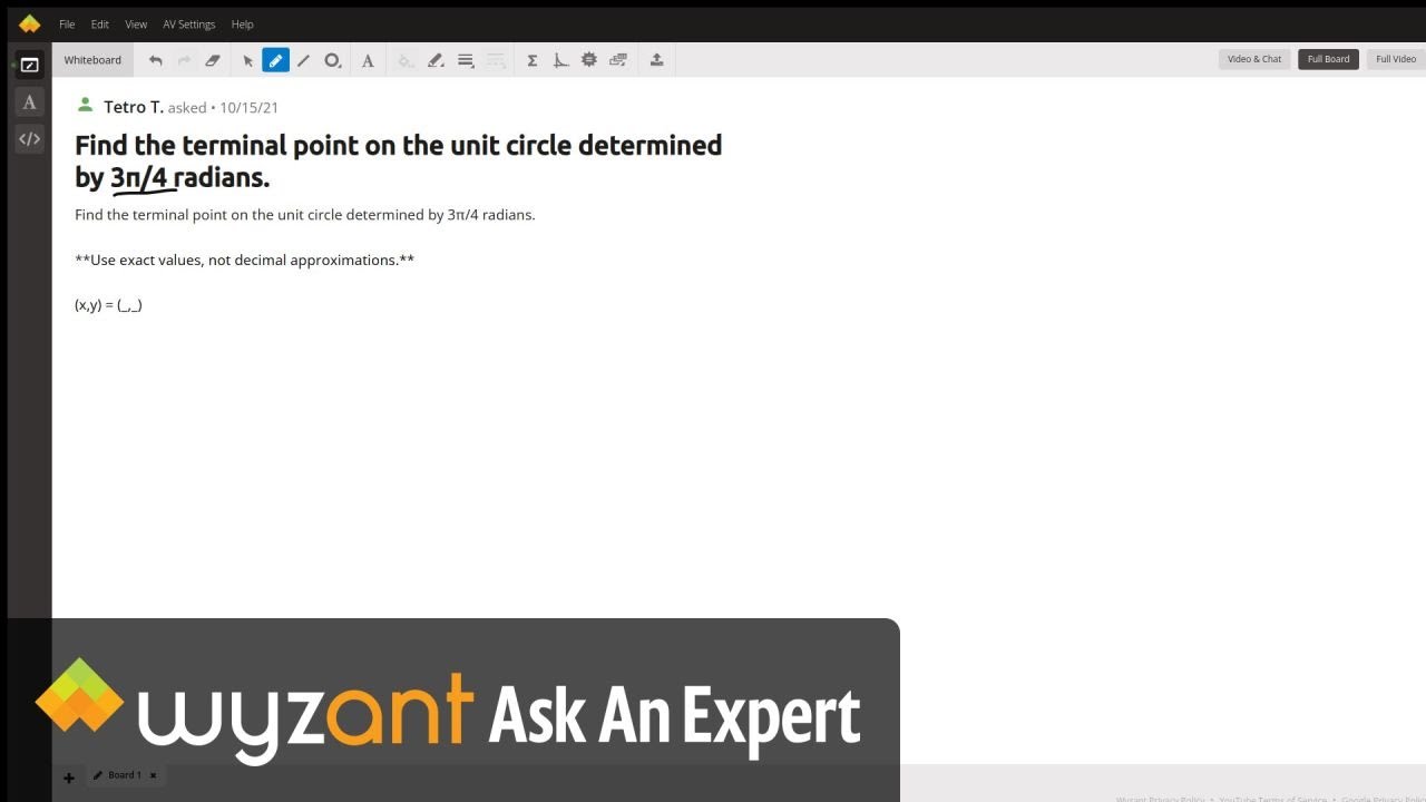 Finding the terminal point of the angle 3pi/4 on the unit circle