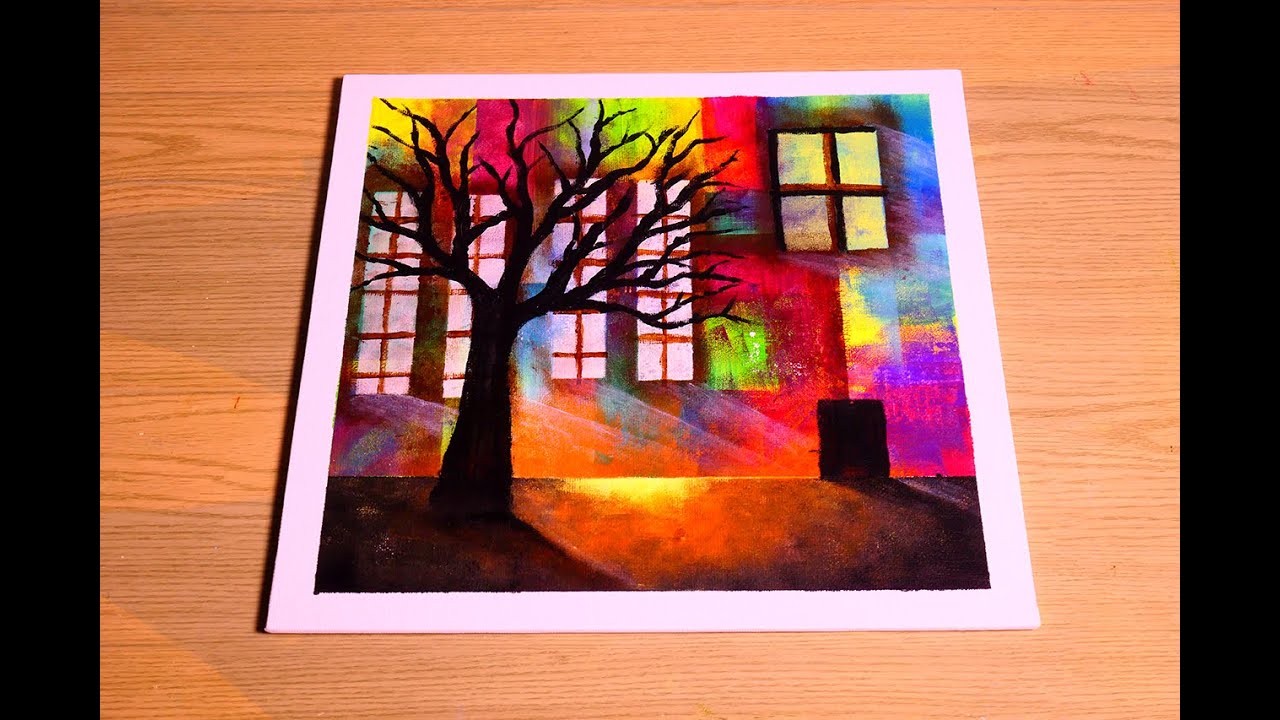 Colorful Abstract Art Painting With Tree & Sunny Street Windows in Acrylics | Relaxing Demonstration