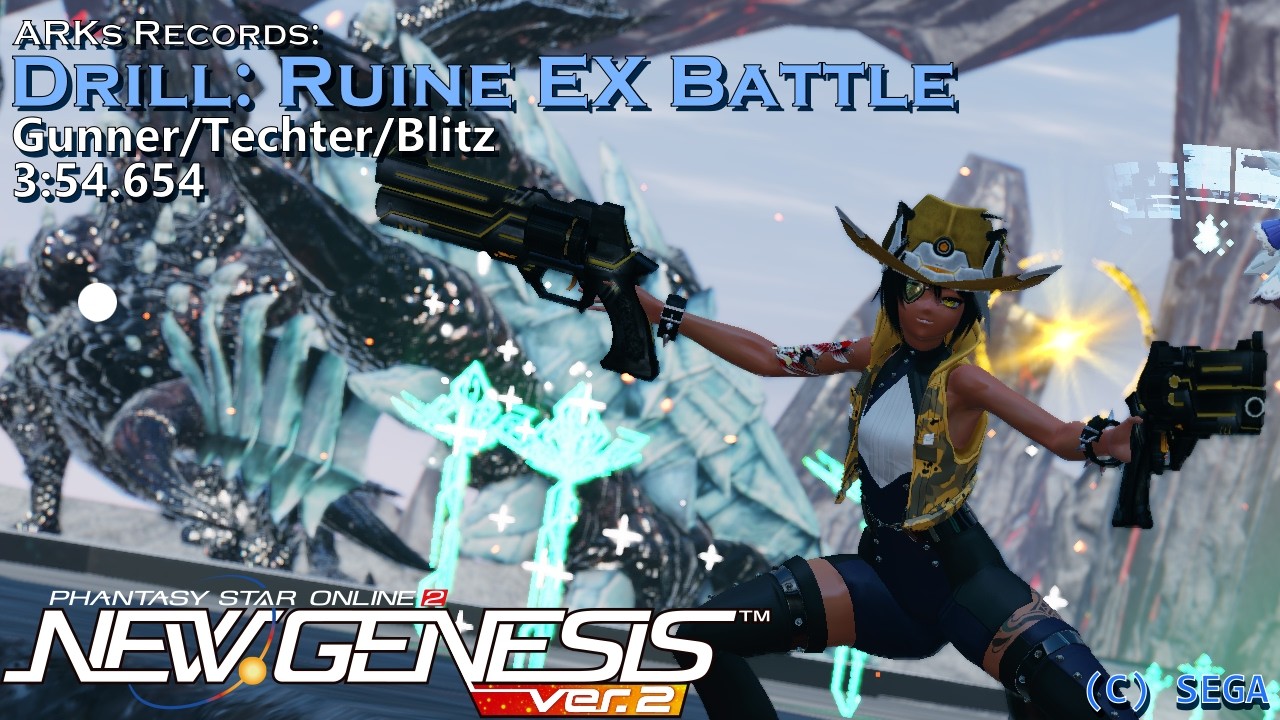 [PSo2:NGS] ARKs Records: Drill: Ruine EX Battle -  3:54.654 Gunner/Techter/Blitz