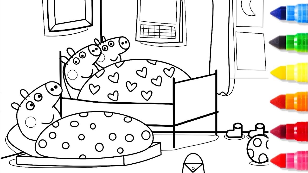 Sleeping Time at Peppa Pig House - Peppa Coloring Book with Kids Song and Colored Markers Videos