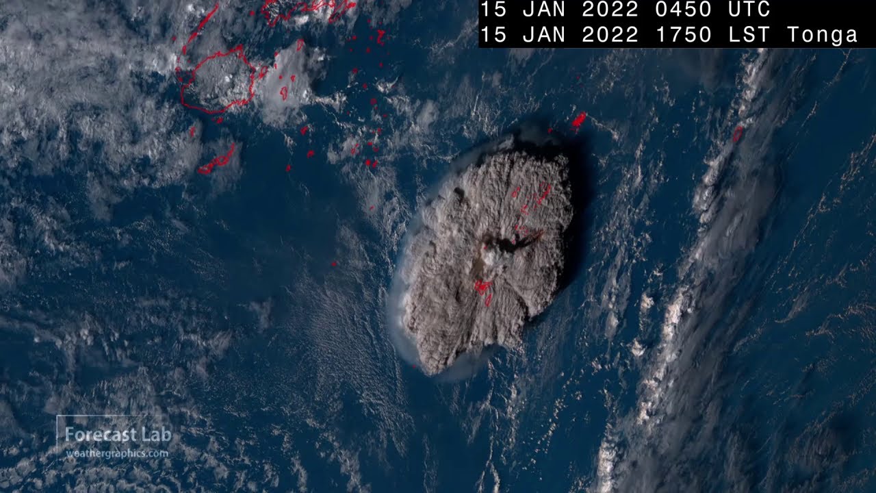 Hunga Tonga volcano eruption -- annotated HD satellite & updated morning imagery