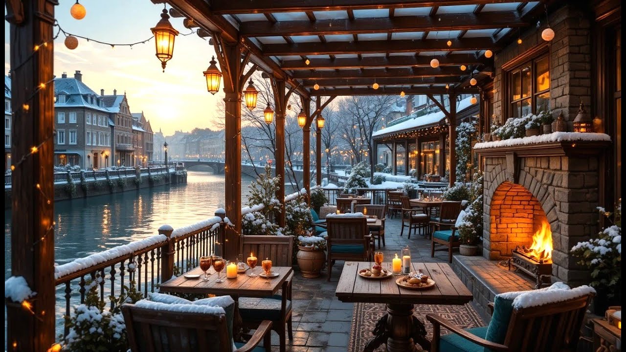 Relaxing Jazz Coffee Shop Ambience in January | Waterfront Café with Cozy Fireplace for Focus-Study