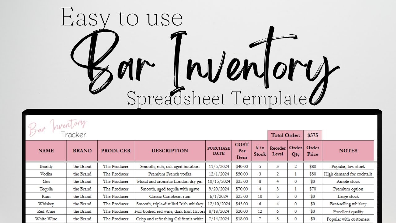 Bar Inventory Tracker, Beer Alcohol Liquor Inventory Sheet, Restaurant Template Google Sheets Excel
