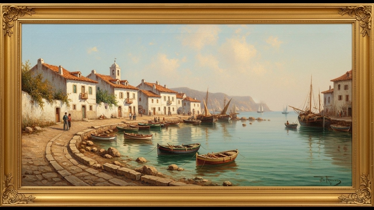 Vintage Mediterranean Fishing Village | Samsung Frame TV Art | 4K Classic Coastal Oil Painting