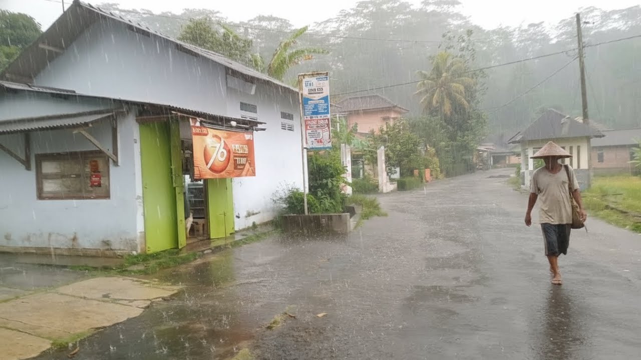 RAIN AND THUNDERSTORM WITH BEAUTIFULL LANSCAPE INDONESIAN VILLAGE