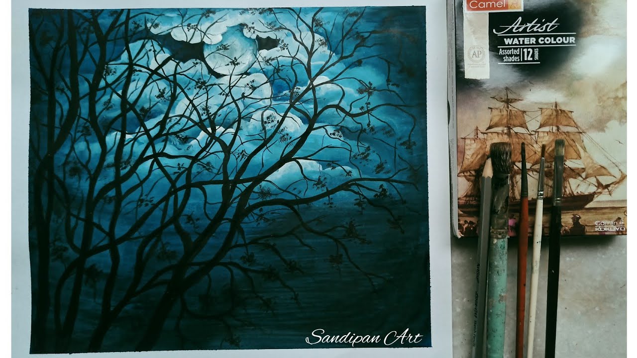Beautiful watercolor painting Moonlight step by step || Sandipan Art || moon and trees painting