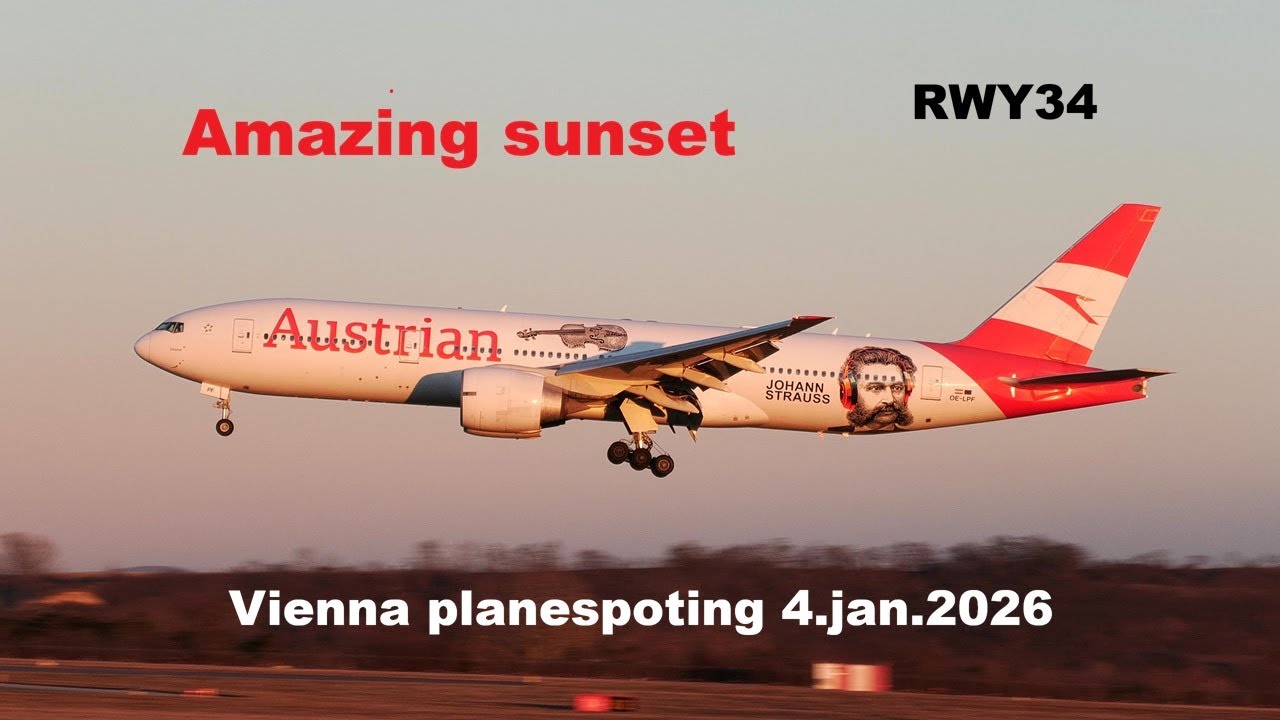 Vienna planespotting 4.1.2026 AMAZING SUNSET BigPlane Boeing 777 Airbus350 Austrian Qatar Korean air