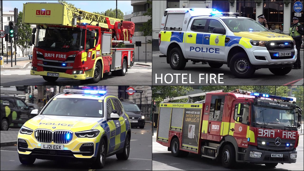 Fire trucks responding along with police cars and ambulances in London | Hotel Fire Aftermath