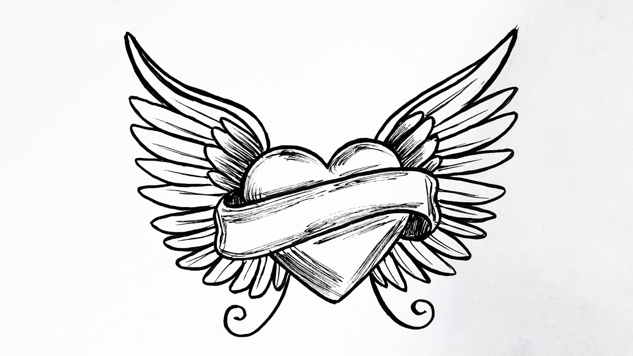How to draw a heart with wings tattoo || Wings drawing tutorial