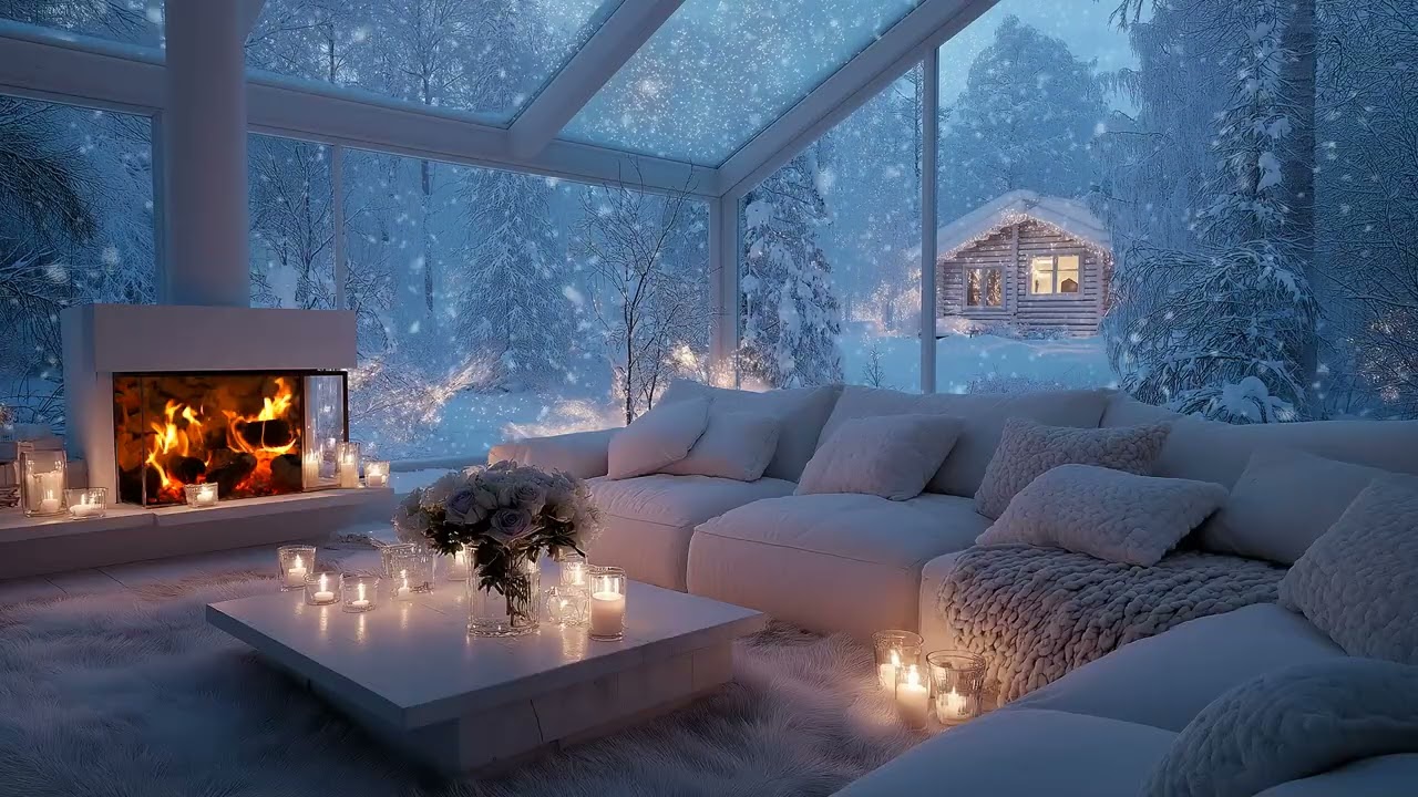 🌸Piano by the Fireplace | Winter Lounge with Snow View for 5 Hours | Relax Focus Stress Relief Sleep