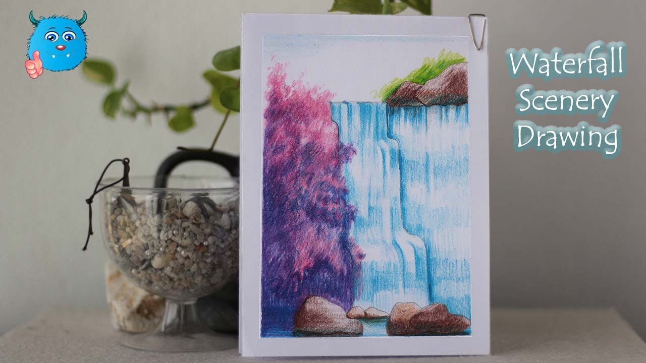 How to Draw Waterfall Scenery | Natural Waterfall Drawing Easy for Beginners with Colored Pencils