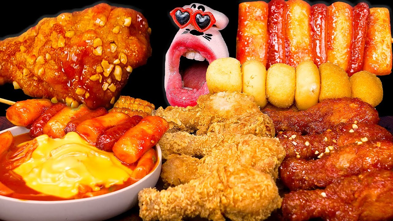 ASMR CRISPY FRIED CHICKEN & SPICY TTEOKBOKKI MUKBANG (No Talking) GIANT SHRIMP!