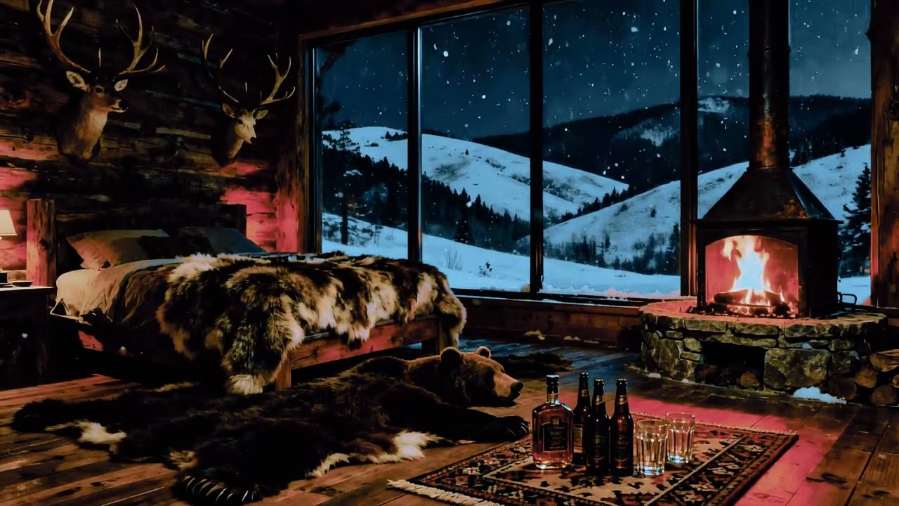 Cozy Winter Cabin Ambience 🔥 Crackling Fireplace & Soft Falling Snow Sound😴 No Ads Nice Relax Sleep