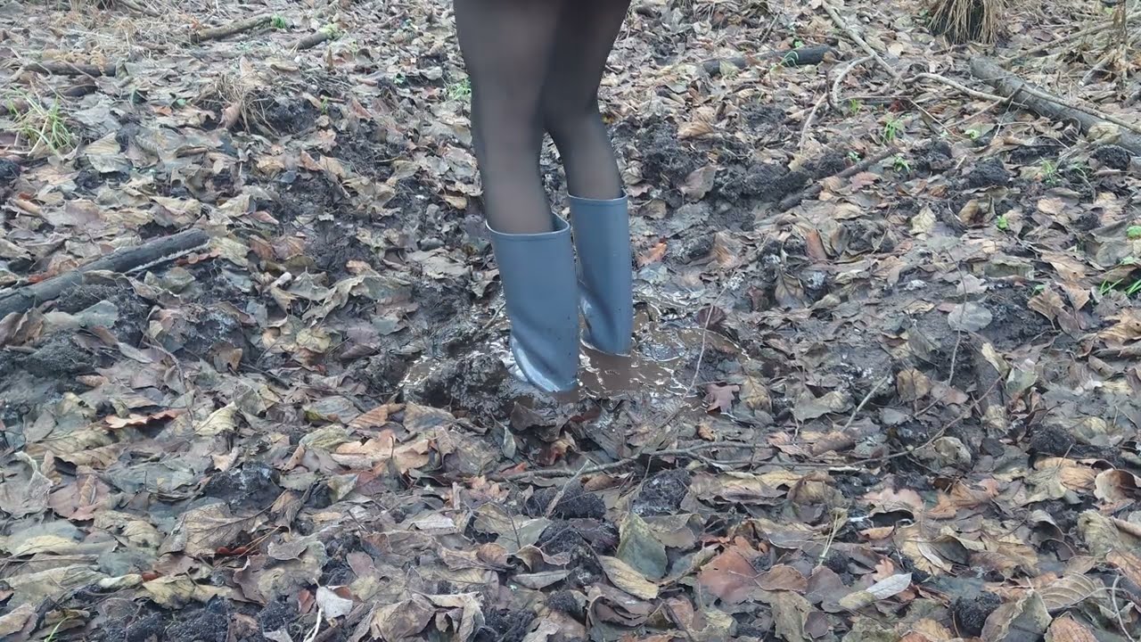 Grey High Heel Rubber Boots in Mud 2