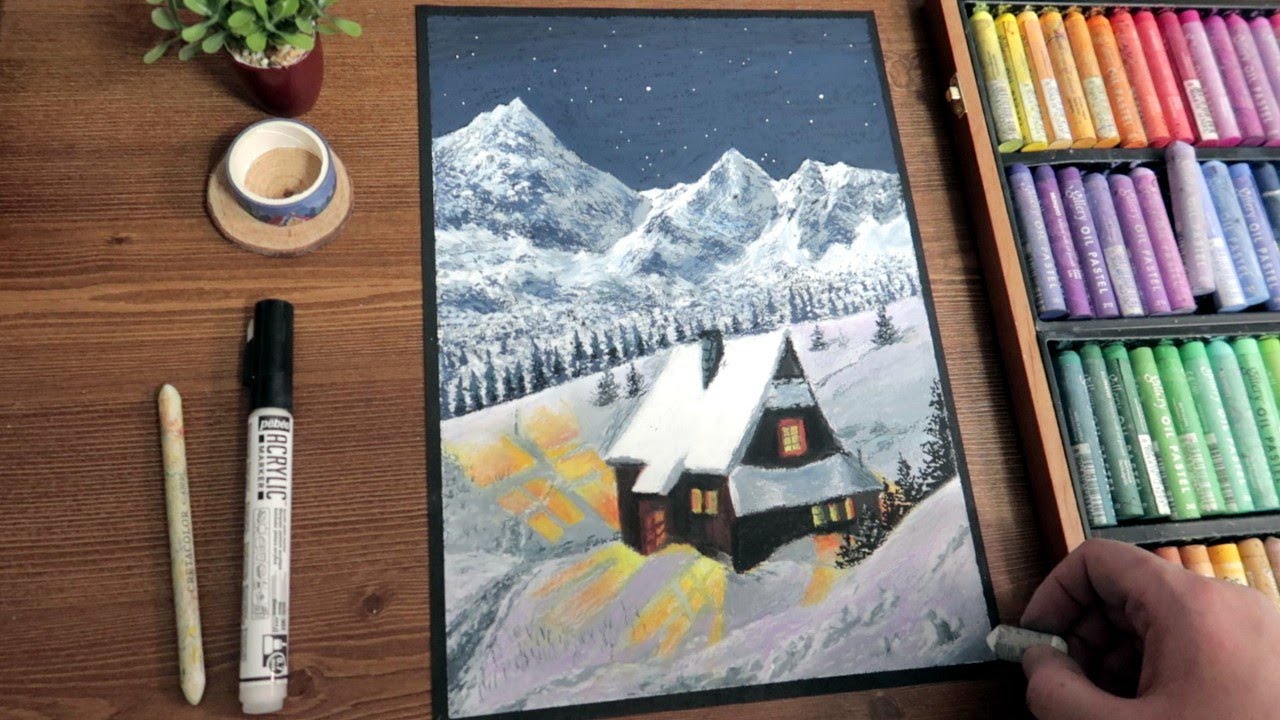 오일파스텔로 눈 내린 풍경 그리기, Drawing a snowy landscape with an oil pastel