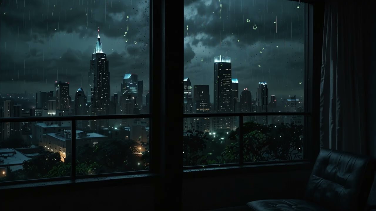 Heavy Night Rain Over the City  Dark Urban View from a High Rise Window