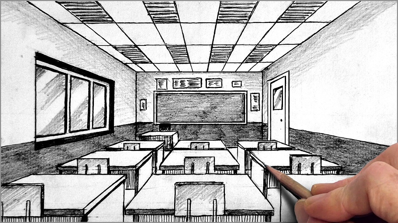 Как нарисовать классную комнату в одноточечной перспективе | Простой урок рисования карандашом