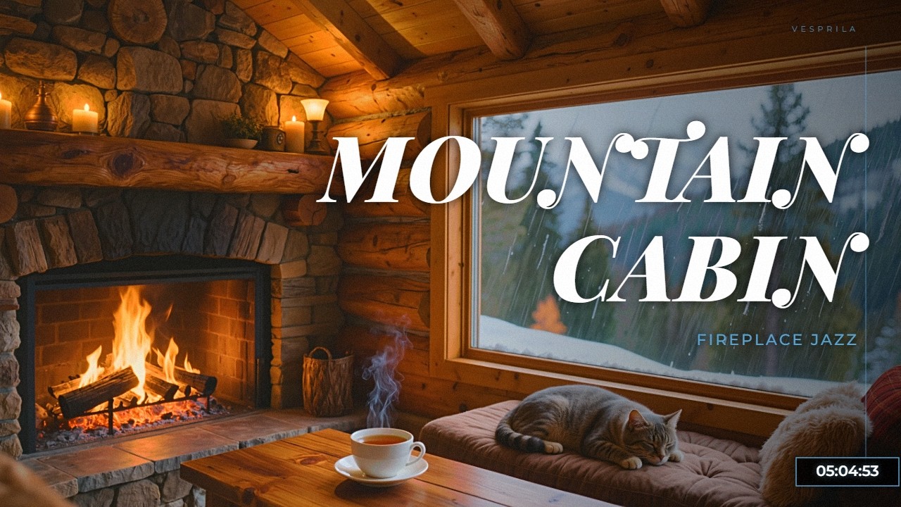❄️ Mountain Cabin Fireplace | 5 Hour Snowy Jazz Ambience | Vesprila
