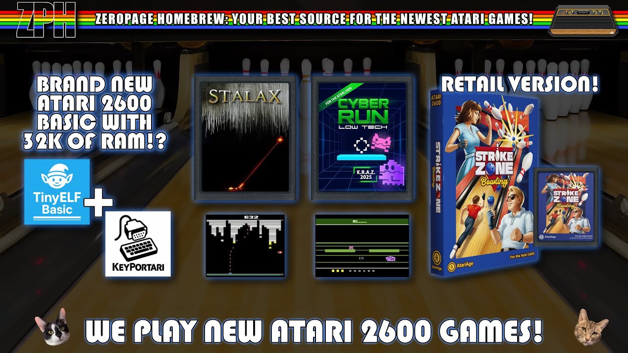 Atari 2600 TinyElf BASIC! New 2600 Games: StalaX, Cyber Run - Low Tech, Strike Zone Bowling!