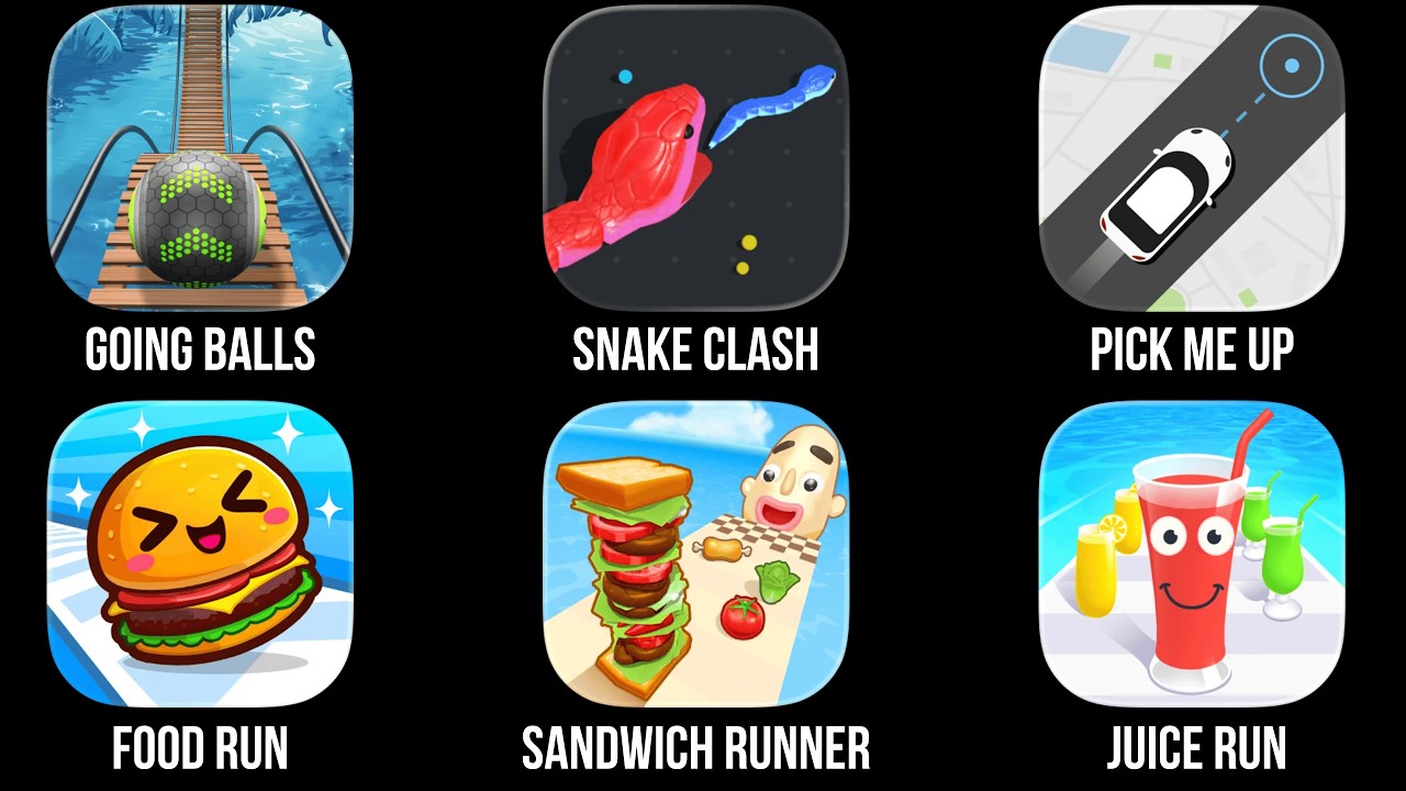 Going Balls, Snake Clash, Pick me up, Food Run, Sandwich Runner, Juice Run