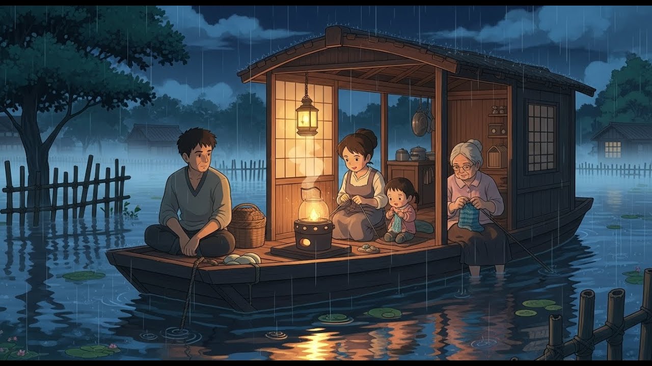 Rain After the Monsoon 🌧️ Cozy Family Night on a Floating Village Boat | Ghibli-Style ASMR