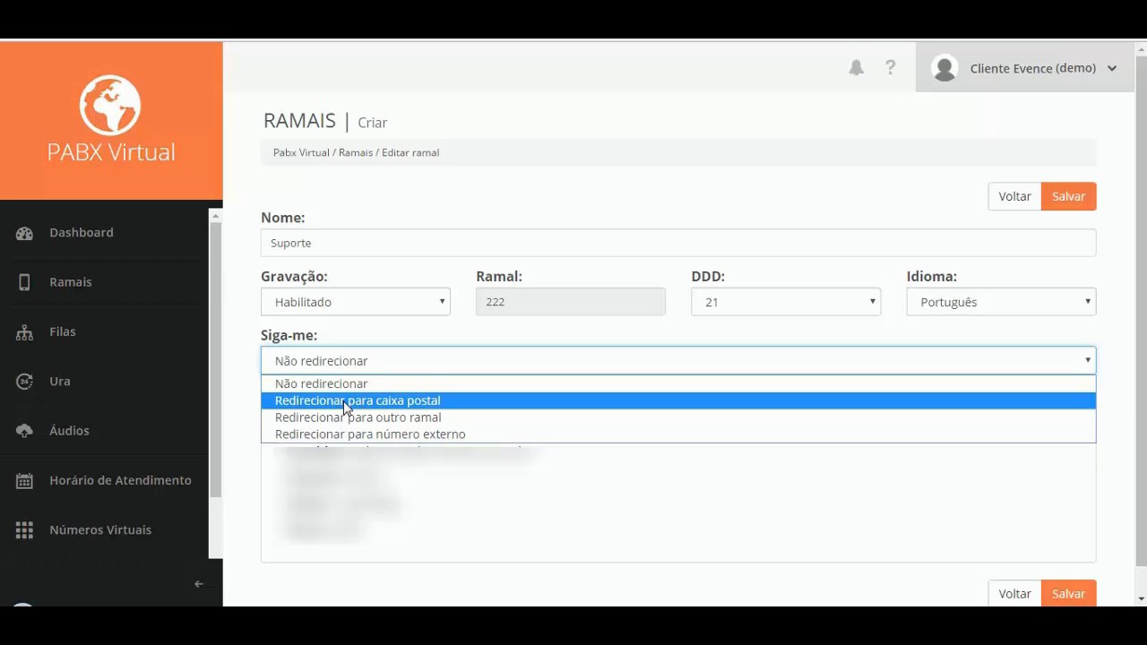 Como configurar o siga-me no ramal do Pabx Virtual