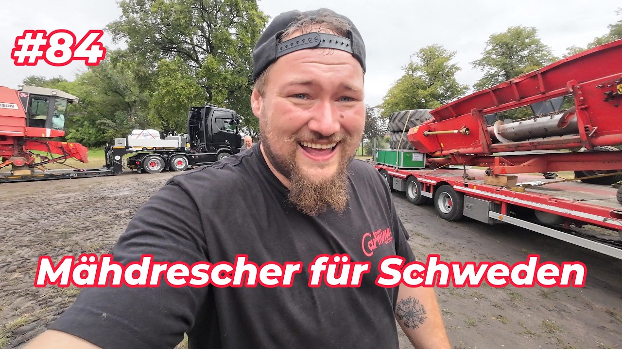Auf nach Schweden! 2 LKW transportieren einen Mähdrescher. Los gehts