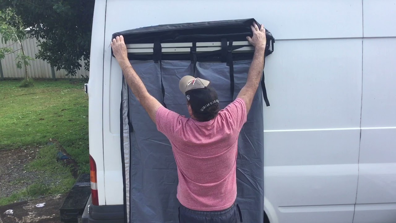 Installing Kings Instant  Awning Shower Tent to  Ford Transit Van camper.