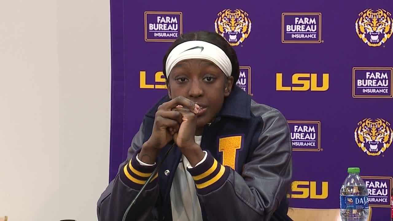 LSU head coach Kim Mulkey and players after 76-70 loss to South Carolina
